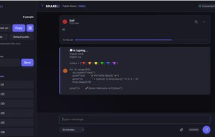 A demonstration of the real-time collaboration and code sharing capabilities in Shareli. The chat interface features a live "is typing..." indicator that streams a user's text—in this case, a block of Python code—in real-time before they even hit send. This makes it perfect for live pair programming, debugging, or instantly sharing scripts across devices.
