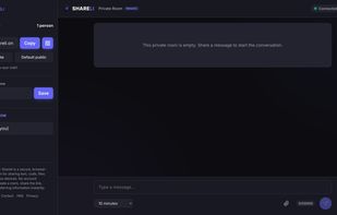 The main interface of Shareli showing an active end-to-end encrypted Private Room. The left sidebar provides quick access to copy the room link or generate a QR code for fast cross-device pairing, as well as a list of currently connected users. 