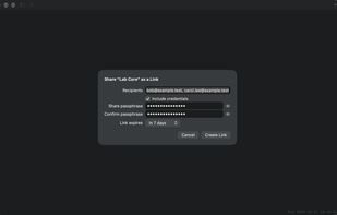 Preview — Share Link on macOS (test version only; not yet available in the public download). Select recipients, optional credentials, a share passphrase and expiry.
