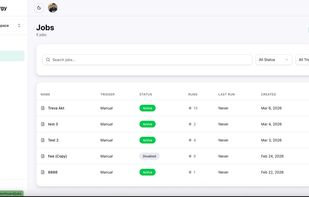 Manage all your document generation jobs from one central list. See each job's trigger type, status, number of runs, and when it was created. Run any job instantly with one click or edit it anytime.

