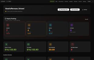 ShelfLifePro Dashboard — Real-time expiry tracking, inventory health metrics, and daily action items at a glance. Shows expiring stock alerts, revenue summaries, and inventory overview across all locations.