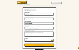 Shelvdon's streamlined new service intake form for quick order creation. Easily capture customer details, phone numbers, SMS notification preferences, service presets, item descriptions, and estimated pricing in a clean, distraction-free interface.
