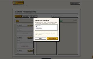 Shelvdon's ticket completion modal prompting automated SMS dispatch. Displays customer details, target phone number, and a live transactional message preview containing pickup instructions and the customer's unique verification PIN.