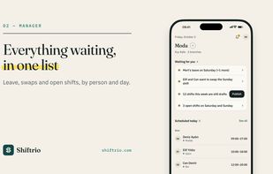 Manager home
Everything waiting for you in one list: leave requests, shift swaps and open shifts, by person and day, plus who is working today.