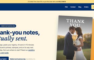 Homepage: pick a design, paste your registry, and every postcard is printed, stamped, and mailed the next business day.