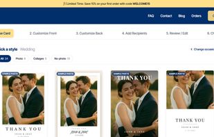 Pick a style from the design gallery, filtered by photo, collage, or no-photo layouts, inside the six-step order flow.