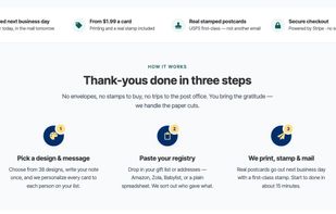 How it works: pick a design and message, paste your registry, and ShipNote prints, stamps, and mails every card.