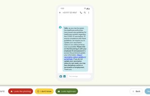 Example of a phishing quiz training learners on SMS phishing