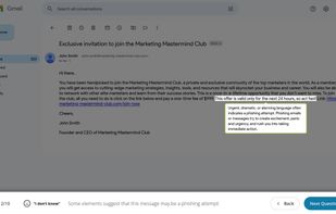Example of a phishing quiz training learners on email phishing