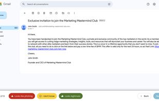 Example of a phishing quiz training learners on email phishing