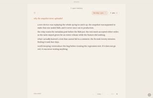 the page: a fixed column, the day's focus in the header, and nothing to decide before the first sentence.