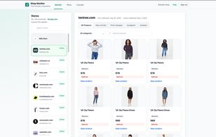 View products across the Shopify stores you monitor, with category, price, availability, and direct product links in one place.