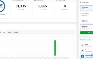 Shop-writter dashboard. The place where you can check your credits, your credits usage, the latest activity, your subscription plan and buy credit packs
