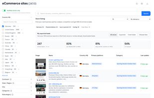 Search 8M+ verified active e-commerce stores and filter by country, platform, PSP, shipping carrier, merchant size, category, and technology signals. Export CRM-ready lists via CSV/XLSX or API