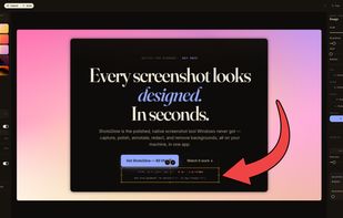 The full editor — a raw screenshot on a designed backdrop, with backdrops, shadows, arrows, redaction and 30 aspect ratios a click away.