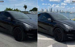 Before/after: Dark sedan waterfront shot with stronger lighting and color for a buyer-ready listing hero image.