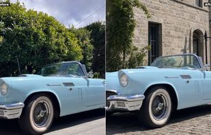 Before/after: Classic convertible from a hedge street scene to a cleaner stone-building listing background.