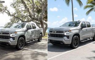 Before/after: Silverado under trees ? bright open listing scene with cleaner sky and light for Marketplace or Turo.