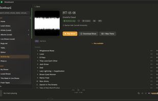 A live show with set breaks (Set I, II, Encore), SBD/AUD/Matrix source badges, taper notes, and the full setlist.