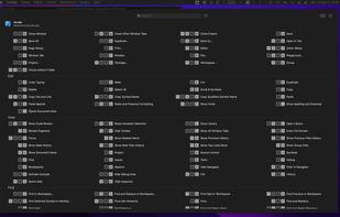 List of Xcode menu shortcuts in fullscreen layout.
