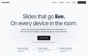 The ShowSlide homepage, introducing the product as a frictionless way to run live presentations in the browser. 