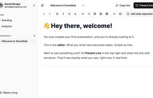 The ShowSlide editor, where users build and arrange their presentation. Distraction-free interface for editing content, adjusting layout, and preparing the deck before going live.