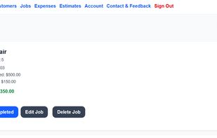 Job details showing amount charged, materials cost, payment status, and actual profit.