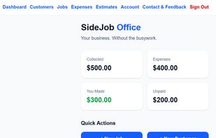 Dashboard showing collected payments, expenses, profit, unpaid amounts, and quick actions.