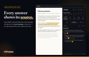Click a citation chip and Sidenote scrolls the page to the exact source passage and highlights it.