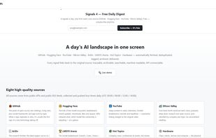 Signals API landing page — three subscription plans, with the free Signals 4 daily digest signup at the top.