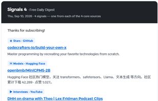 Signals 4 — the free daily digest: exactly 4 signals, one from each of the 4 core sources.