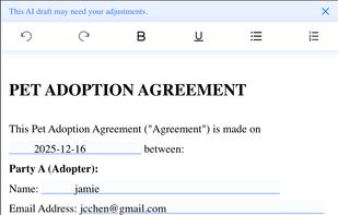 Users can review and customize the generated contract by filling in key terms and clauses before sending it for signature.