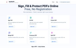 SignMyPDF homepage showing all six free PDF tools: Sign, Fill, Protect, Merge, Compress, and Split.