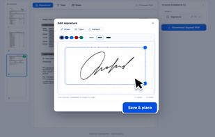 Signature editor with draw, type, and upload options for creating a signature on a PDF document.