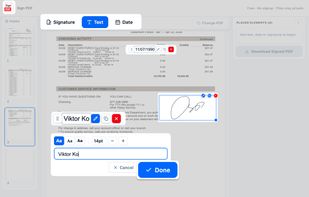 PDF editor showing text fields, dates, and signatures placed on a document — ready to download.