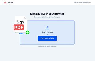 Drag-and-drop area for uploading a PDF to sign in the browser. No upload to servers — files stay private.