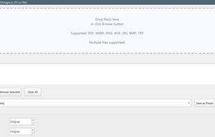 Main window: drag-and-drop zone at top, file queue, and the Image/PDF settings panels (output format, quality, dimensions, DPI, page range) with the Convert button