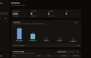 Conversion analytics. A five step funnel per page, from first view through to completed form.