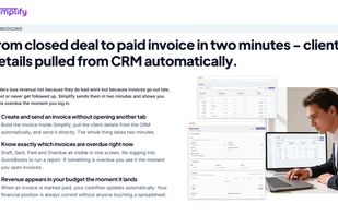 A won deal becomes a quote, the quote becomes an invoice, and client details pull from the CRM without retyping. Draft, sent, paid and overdue totals are visible on open, so chasing an invoice stops being a report you run.