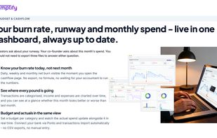 Burn rate, runway and monthly spend on one page, reading a live bank feed through Ponto. Each forecast line is weighted by probability, so a maybe-deal does not sit in your runway pretending to be money.
