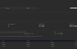 Dashboard — proxy credential expander with traffic monitoring.