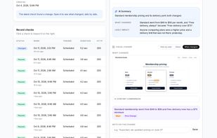 When a page you watch changes, Simrix Monitor outlines the change on a screenshot and sums it up in plain English. Here, a demo store raised its Standard membership from $49 to $59 a month and added a $75 minimum for free delivery.