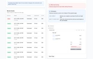 When a check fails, Simrix Monitor shows a screenshot of the page, the step that failed and a plain-English summary of what went wrong and what to check first. Here, a demo store’s checkout returned a server error instead of the payment page.