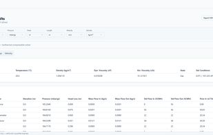 Results table with per-node pressures and flows, switchable units, and CSV / Excel / PDF export.