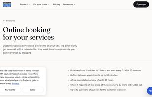 Online booking: clients pick a service and a free time on your site, and the booking lands in your dashboard and calendar.
