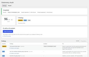 WordPress plugin: a completed security audit in wp-admin with score, findings, fixes and a copyable AI fix prompt.