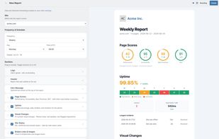 Build each client's report from toggleable sections, then preview it live. Your logo, colors, and sender name sit on top, and it goes out weekly, bi-weekly, monthly, or quarterly, opening right in the client's inbox with no login.