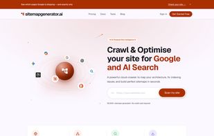 The Sitemapgenerator.ai homepage, where users enter their URL to start a crawl. The tool generates an accurate XML sitemap, checks every discovered URL for health issues (broken links, redirects, errors), and surfaces indexing visibility across both traditional Google search and AI search crawlers.