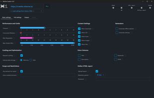 Basic crawler settings includes options to adjust performance limits such as timeout, concurrent workers, and max requests per second. Content settings allow/block JavaScript, CSS, fonts, images, and files. The crawler can cache requests, store data in memory or on disk. Additionally, it provides options for generating reports, with the ability to upload an HTML report and set a retention period.