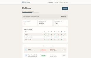 The SiteSound dashboard shows every monitored site with its status, latest check and response time. One site has a broken link and is flagged as a problem.